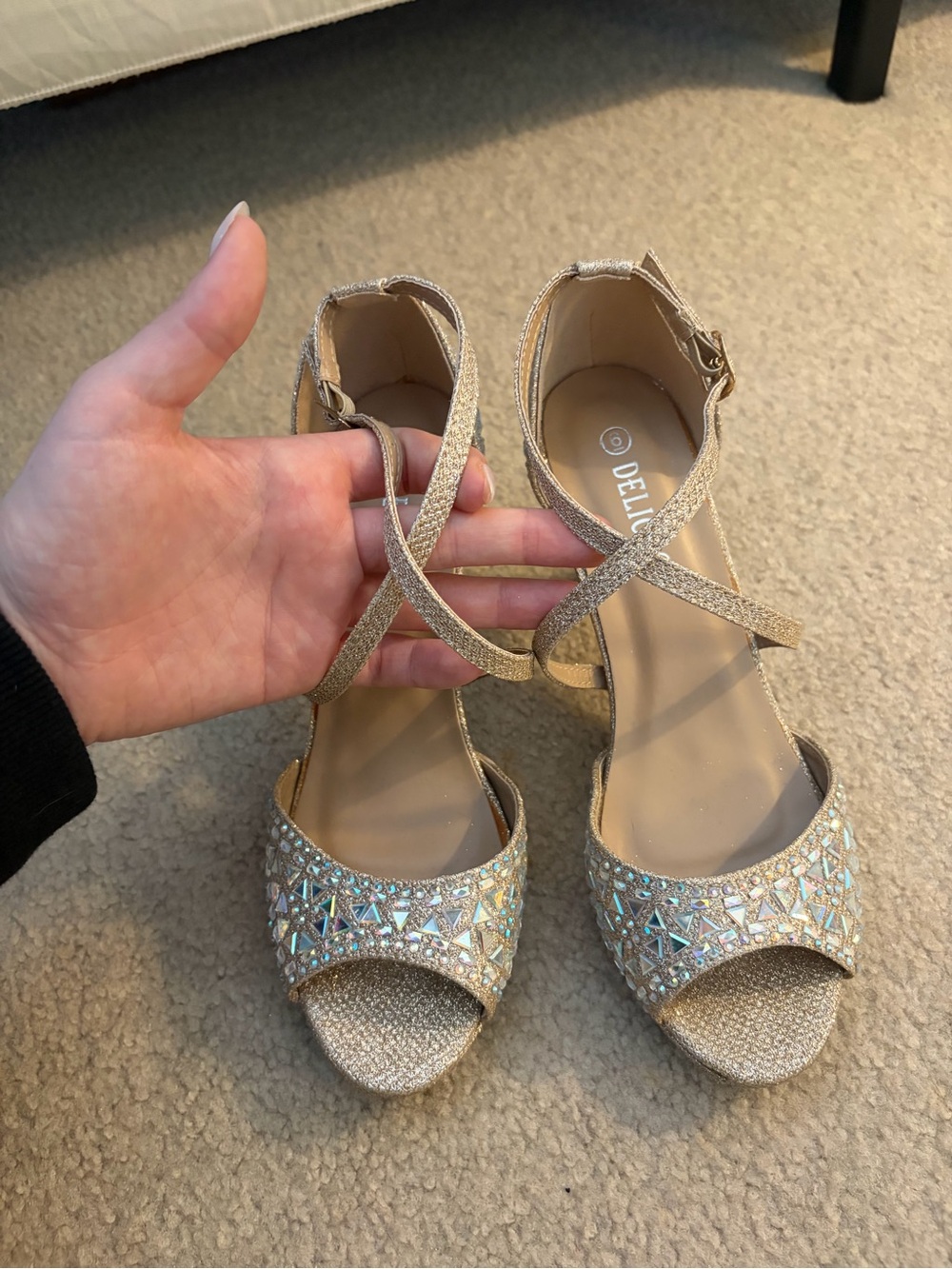 Gold Embellished Open-Toe Heels with Ankle Strap